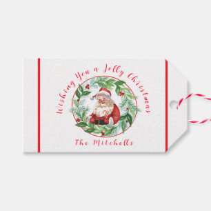 Etiqueta Para Presente Guirlanda de Natal em Aquarela Papai Noel Vintage