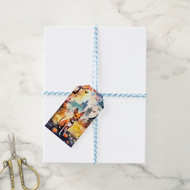 Etiqueta Para Presente Halloween Basenji Com Pumpkins Assustado (Com cordão)