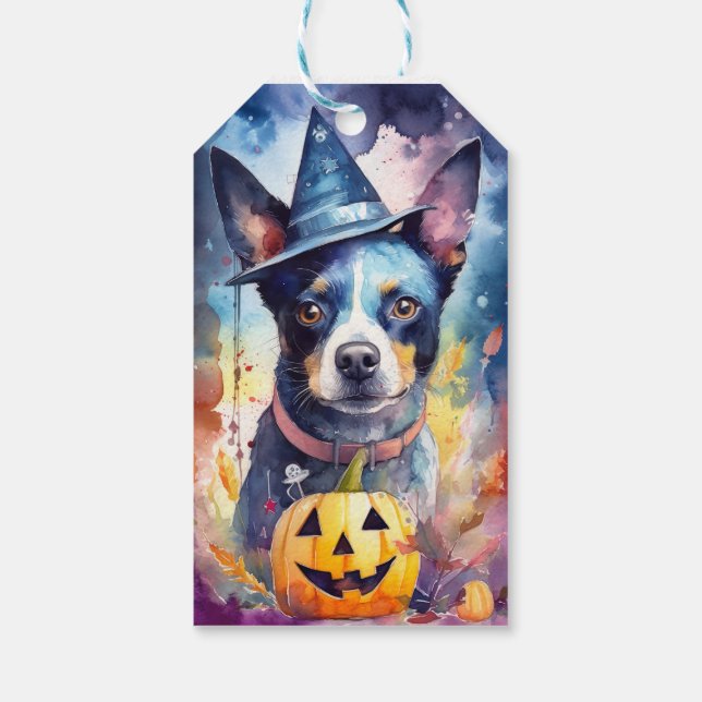 Etiqueta Para Presente Halloween Blue Heeler Com Pumpkins Assustado (Verso)