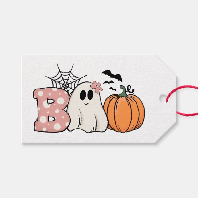 Etiqueta Para Presente Halloween Boo Ghost Pumpkin Bats Cobweb (Frente (horizontal))
