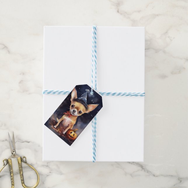 Etiqueta Para Presente Halloween chihuahua com Pumpkins assustado (Com cordão)