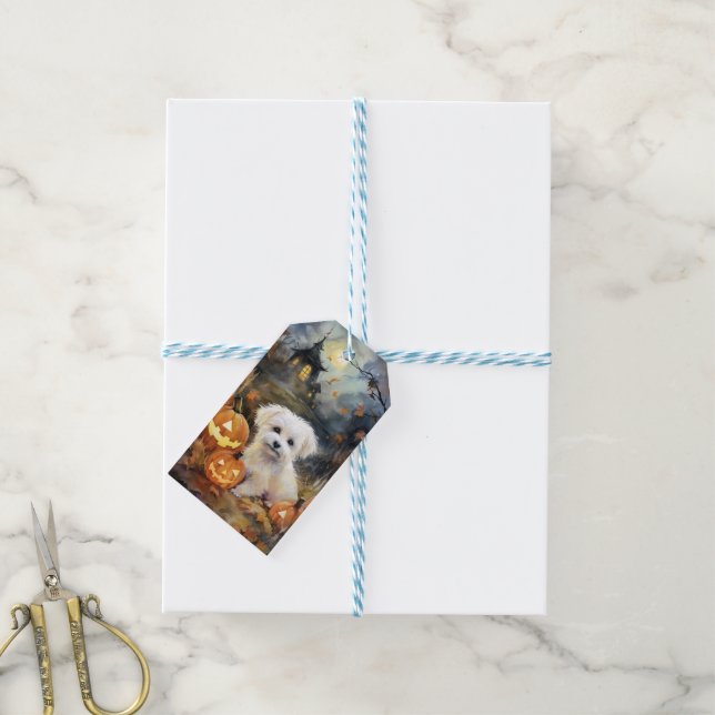 Etiqueta Para Presente Halloween Coton De Tulear Com Pumpkins Assustado (Com cordão)