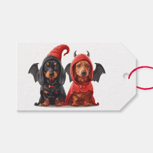 Etiqueta Para Presente Halloween Dachshund Dogs Devil Bat (Frente (horizontal))