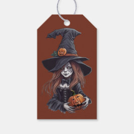 Etiqueta Para Presente Halloween-Hexe mit Kürbis -