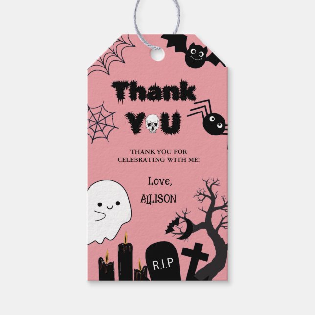 Etiqueta Para Presente Halloween Pink Spooky Obrigado Aniversário (Frente)