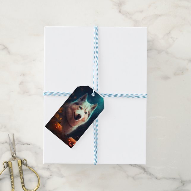 Etiqueta Para Presente Halloween Siberian Husky Com Pumpkins Assustado (Com cordão)