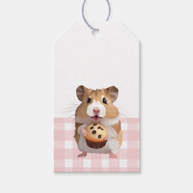 Etiqueta Para Presente Hamster Bonito Com Gingham Rosa De Muffin (Frente)