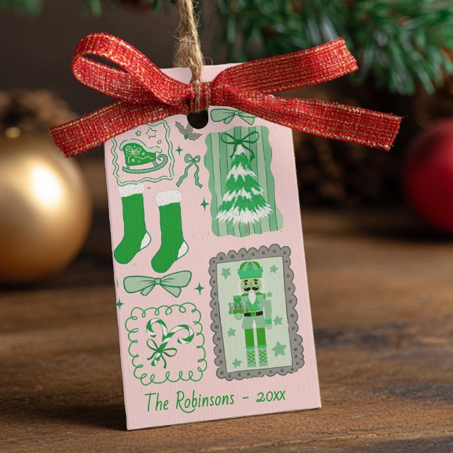 Etiqueta Para Presente Hand Drawn doodle green pink christmas (Criador carregado)