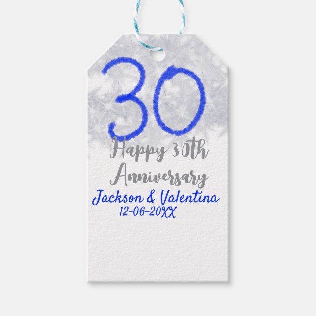 Etiqueta Para Presente Happy 30th wedding anniversary silver blue glitter (Frente)