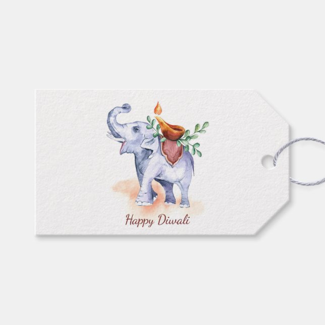 Etiqueta Para Presente Happy Diwali com Diya e Elefante (Frente (horizontal))