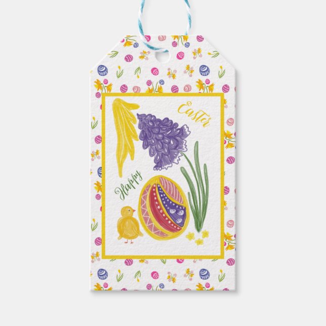 Etiqueta Para Presente Happy Easter chick, egg, grape hyacinth pattern (Frente)