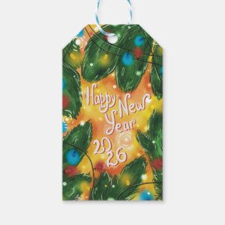 Etiqueta Para Presente Happy New Year 2026 Pine Branches & Lights
