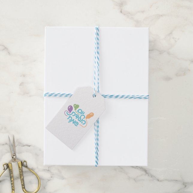Etiqueta Para Presente Hebraico Feliz aniversário com balões (Com cordão)