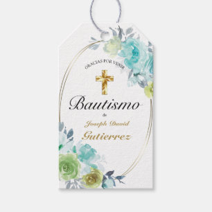 ETIQUETA PARA PRESENTE HERMOSO BAUTIZO BEBÉ CRUZADO DE ORO FLORAL AZUL 