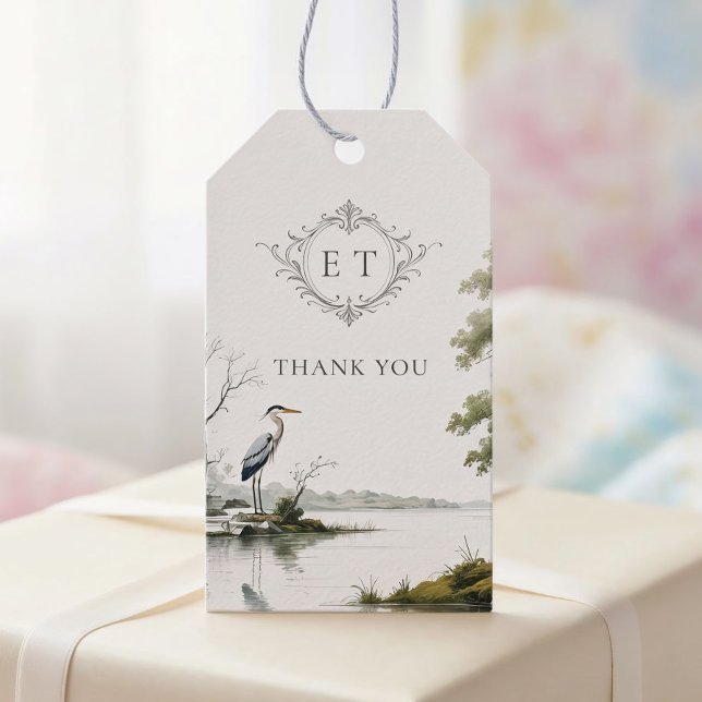 Etiqueta Para Presente Heron Lake Toile French Country Wedding Monogram (Criador carregado)