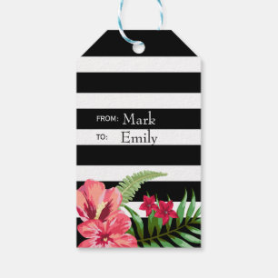 Etiqueta Para Presente Hibiscus vermelho e cor-de-rosa e listras pretas