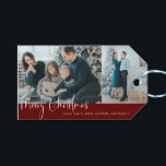 Etiqueta Para Presente Holiday Felry Christmas Script 2 Photo Collage Red<br><div class="desc">Etiquetas de presentes de Natal Elegante e simples,  vermelha e branca.</div>
