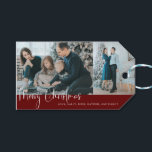 Etiqueta Para Presente Holiday Felry Christmas Script 2 Photo Collage Red<br><div class="desc">Etiquetas de presentes de Natal Elegante e simples,  vermelha e branca.</div>