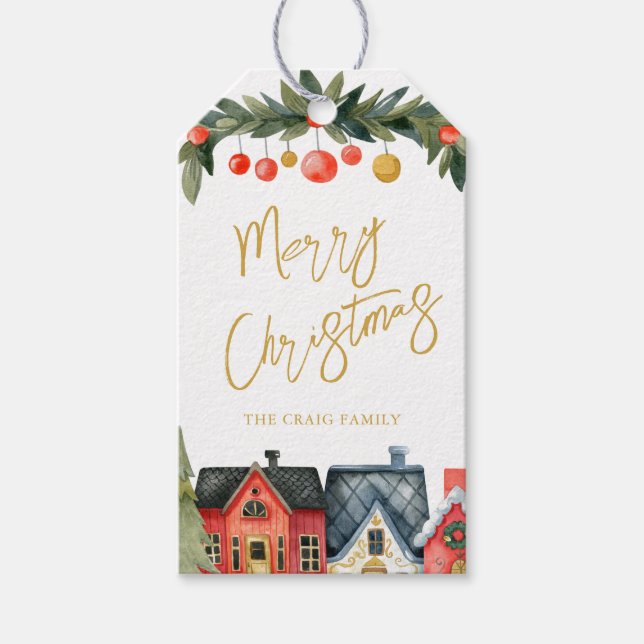 Etiqueta Para Presente Holiday House Ilustrado com Nome Natal (Frente)
