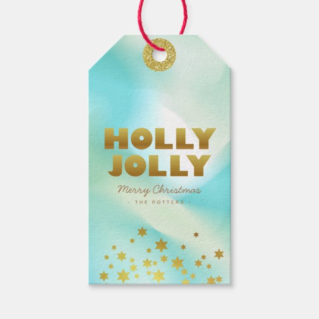 Etiqueta Para Presente Holly Jolly | Gradiente Verde Pastel e Dourado (Frente)