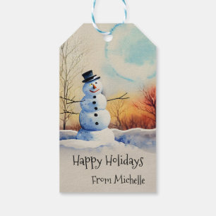Etiqueta Para Presente Homem de Neve do Natal Paisagem de Inverno