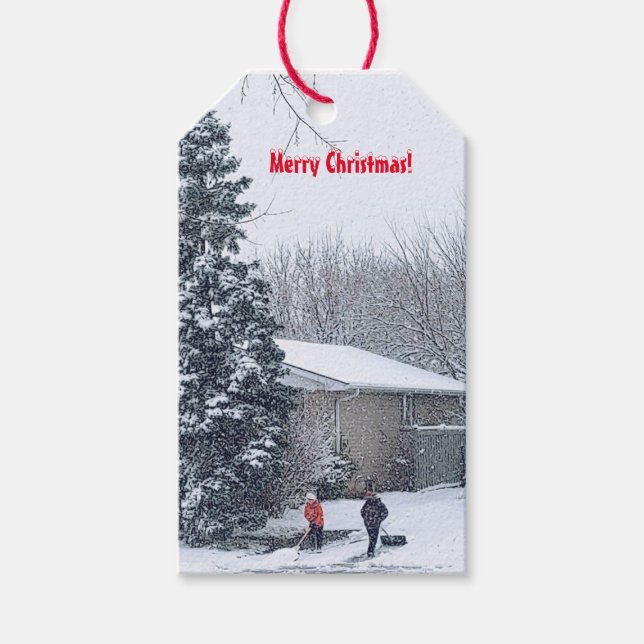Etiqueta Para Presente Irmãos Shoveling Snow (Frente)