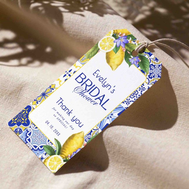 Etiqueta Para Presente Italian Mosaic Blue Tile & Lemons Bridal Shower (Criador carregado)
