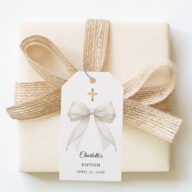 Etiqueta Para Presente Ivory bow pearls Baptism DIY (Criador carregado)