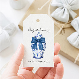 Etiqueta Para Presente Jarra de Gengibre Azul e Branco com Laço Azul