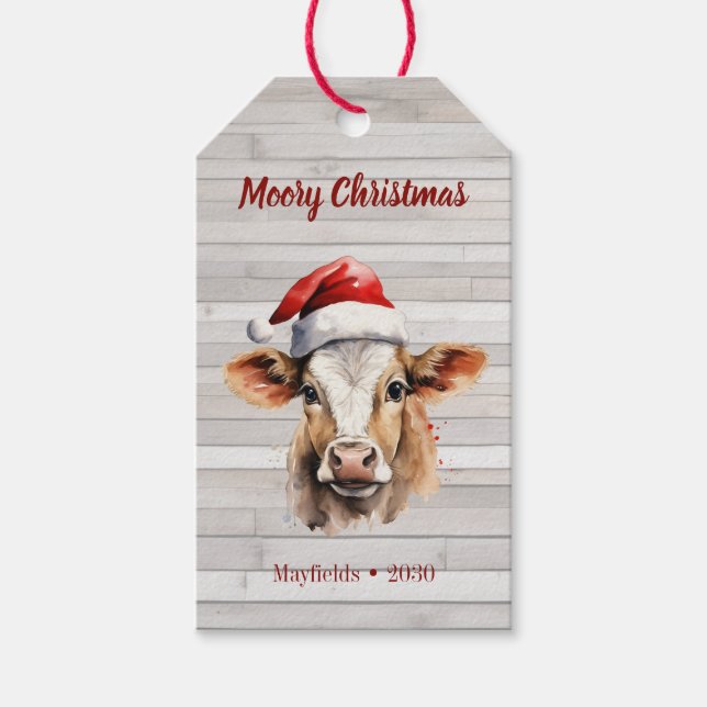 Etiqueta Para Presente Jersey Cow, Barn Wood, "Moory Christmas" (Frente)