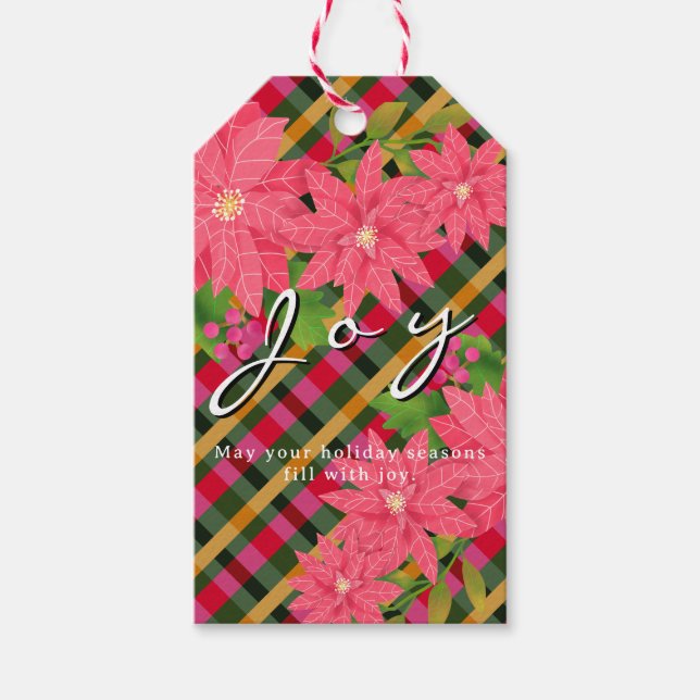 Etiqueta Para Presente Joy Christmas Poinsettia Plaid Business Logo Gift (Frente)