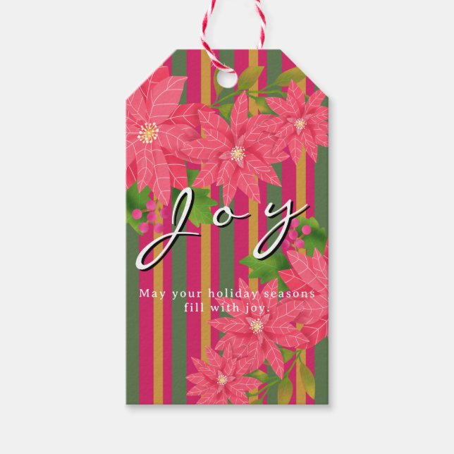 Etiqueta Para Presente Joy Christmas Poinsettia Stripe Business Logo Gift (Frente)