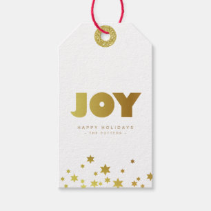 Etiqueta Para Presente Joy   Divertido Natal Branco e Dourado Mini
