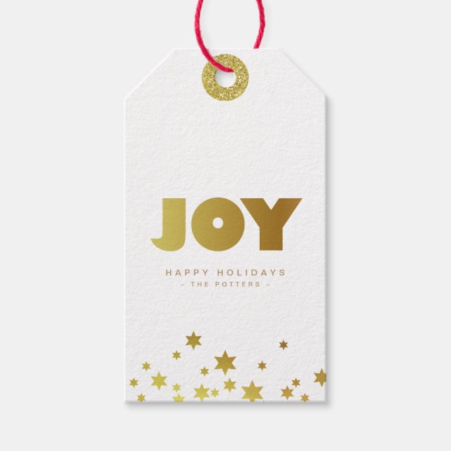 Etiqueta Para Presente Joy | Divertido Natal Branco e Dourado Mini (Frente)