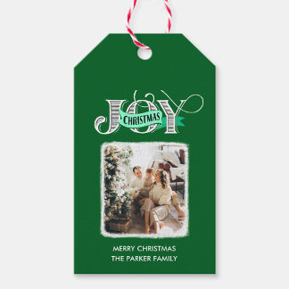 Etiqueta Para Presente JOY Modern Green Simple Family Photo Christmas