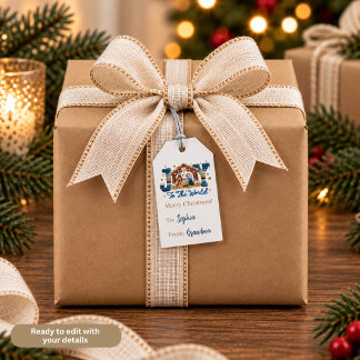 Etiqueta Para Presente Joy to the World Blue Nativity Scene Personalized