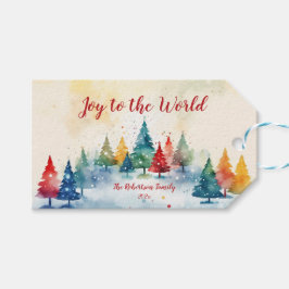 Etiqueta Para Presente "Joy to the World" Colorful Pine Trees Natal