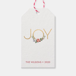 Etiqueta Para Presente Joy Watercolor Floral com Dourado Natal