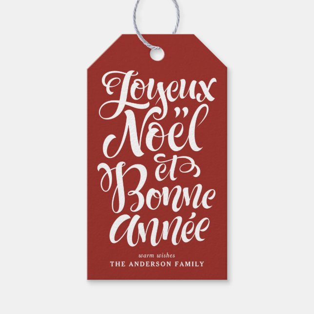 Etiqueta Para Presente Joyeux Noël e Bonne Année Calliographic Red (Frente)