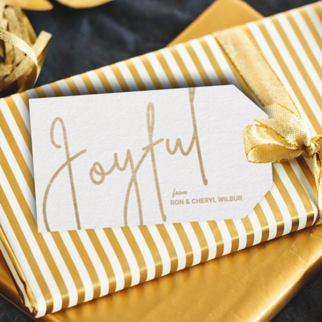 Etiqueta Para Presente JOYFUL Dourado Faux Foil White (Gold JOYFUL text in fancy script on white Christmas gift/favor tags personalized with your names)