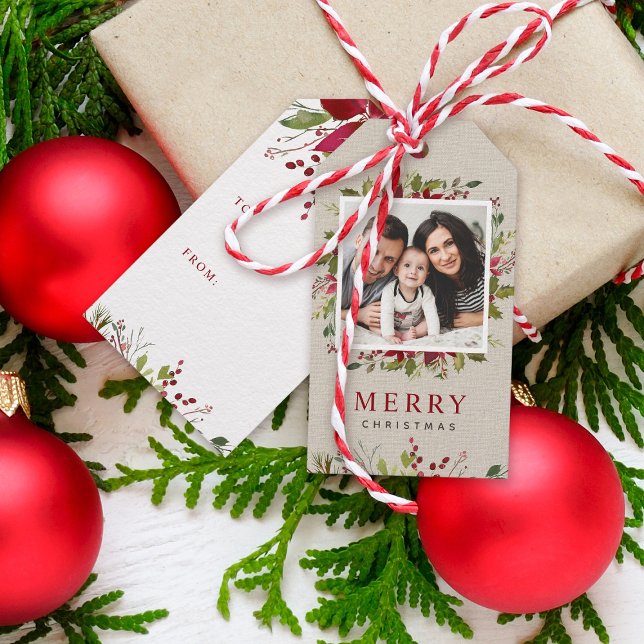 Etiqueta Para Presente Joyful Greenery Foto Personalizada Feliz Natal (Criador carregado)