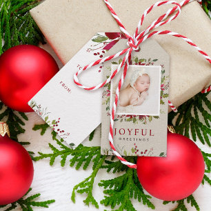 Etiqueta Para Presente Joyful Greenery Foto Personalizada Feliz Natal