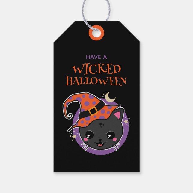 Etiqueta Para Presente Kawaii Witch Cat Halloween (Frente)