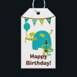 Etiqueta Para Presente Kids Circus Birthday<br><div class="desc">Esta é uma etiqueta de presente de aniversário divertida para crianças, apresentando um elefante e macaco de circo bonitinho na frente, em azul verde limão e lacrimogênio. No topo está uma faixa de aniversário com imagens coloridas correspondentes. As costas têm o mesmo macaco segurando balões azuis de aniversário, e seu...</div>