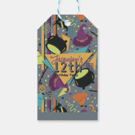 Etiqueta Para Presente Kids Gray Retro Witchy Halloween Birthday