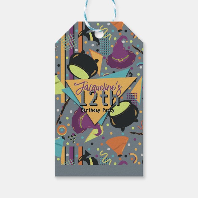 Etiqueta Para Presente Kids Gray Retro Witchy Halloween Birthday (Frente)