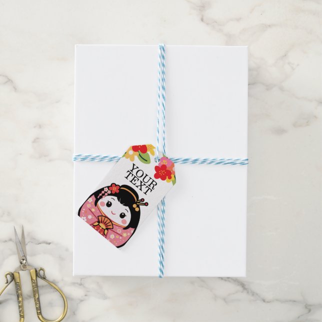 Etiqueta Para Presente Kokeshi japonês Kawaii (Com cordão)
