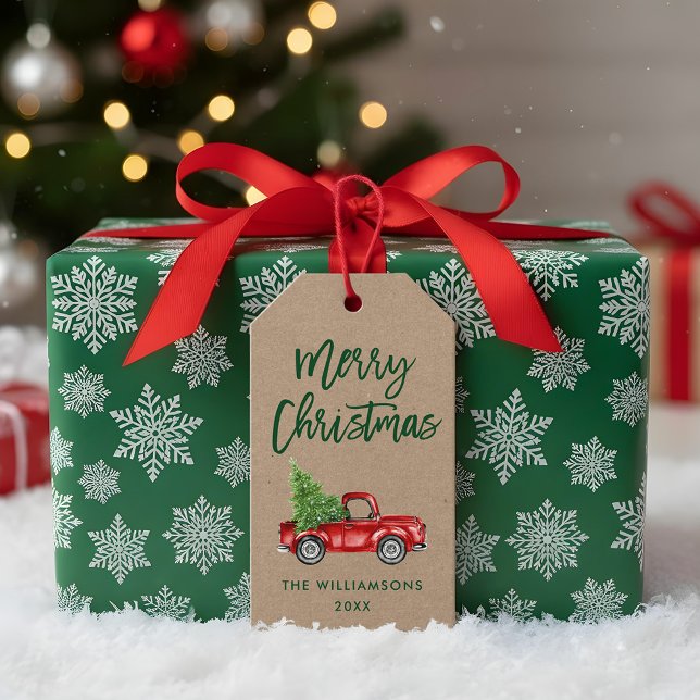 Etiqueta Para Presente Kraft Green Brush Script Christmas Truck (Customize to add text to back of tag.)