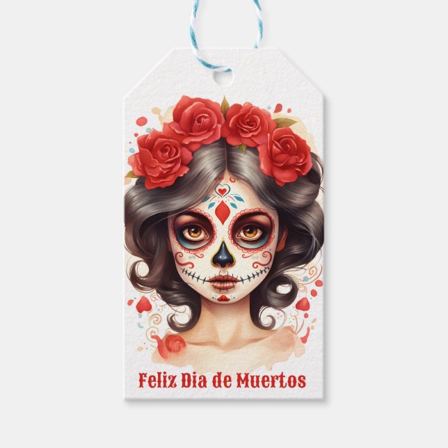Etiqueta Para Presente La Calavera Catarina 💀 en Flores Rojas 🌹 (Frente)