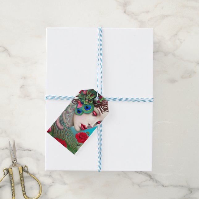 Etiqueta Para Presente Lábios vermelhos e Rosa de Peacock (Com cordão)